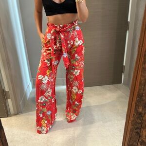 Red floral high waisted pants